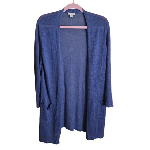 J. Jill Long Line Open Front Linen Blend Blue Cardigan Sweater Size Mp - Picture 1 of 5